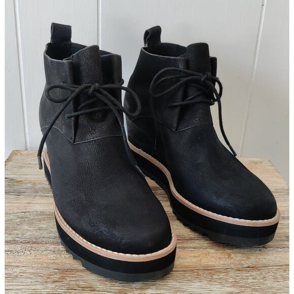 NWOT EILEEN FISHER Capa Wedge Boots Booties Sz 6 M Black Nubuck Leather Lace Up - Picture 3 of 8